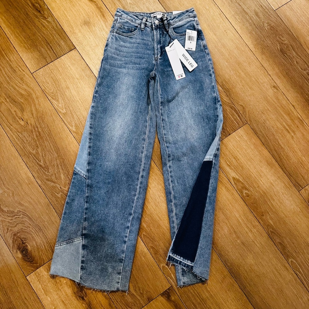 Madden Girl High Waisted Wide Leg Patchwork Jeans Medium Wash AB0094WDCDBO 0